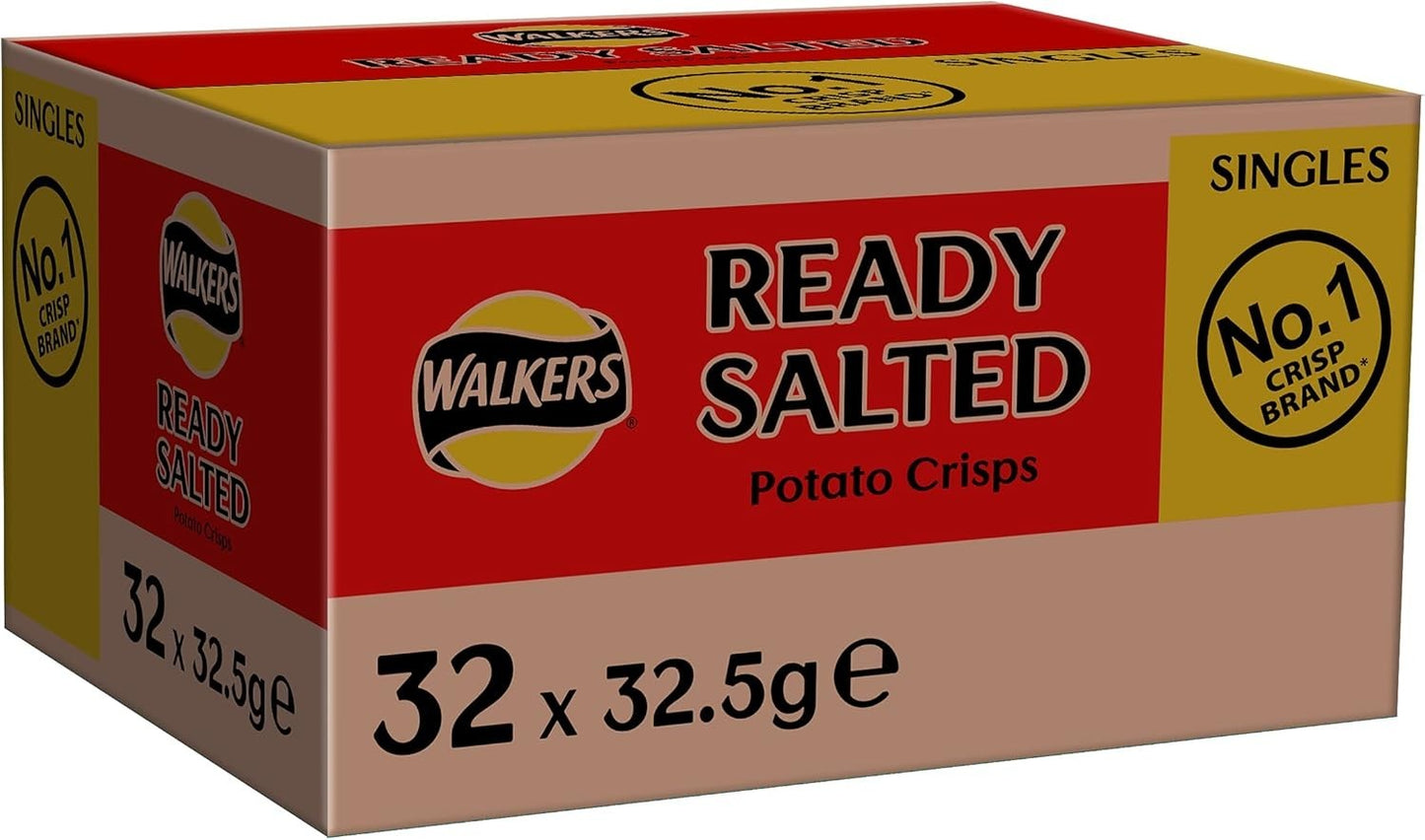 Walkers Ready Salted Crisps 32.5g x 32 Pack Full Case British Classic Snack