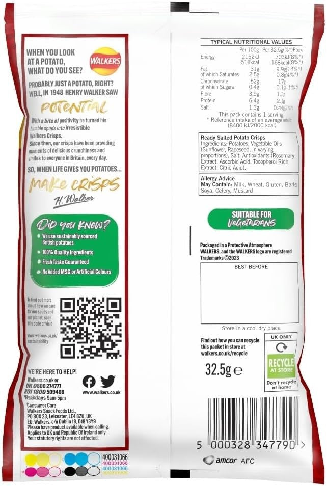 Walkers Ready Salted Crisps 32.5g x 32 Pack Full Case British Classic Snack