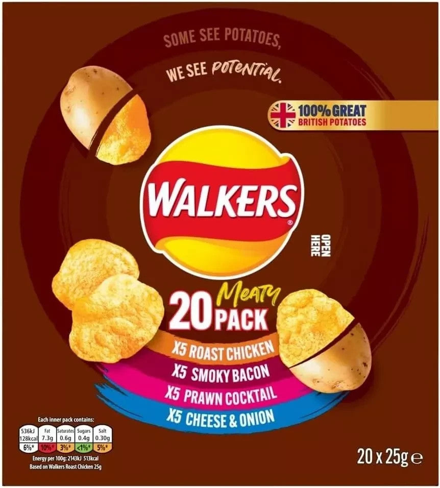 Walkers Meaty Variety Multipack Crisps Snack Box 20x25g Assorted Flavours