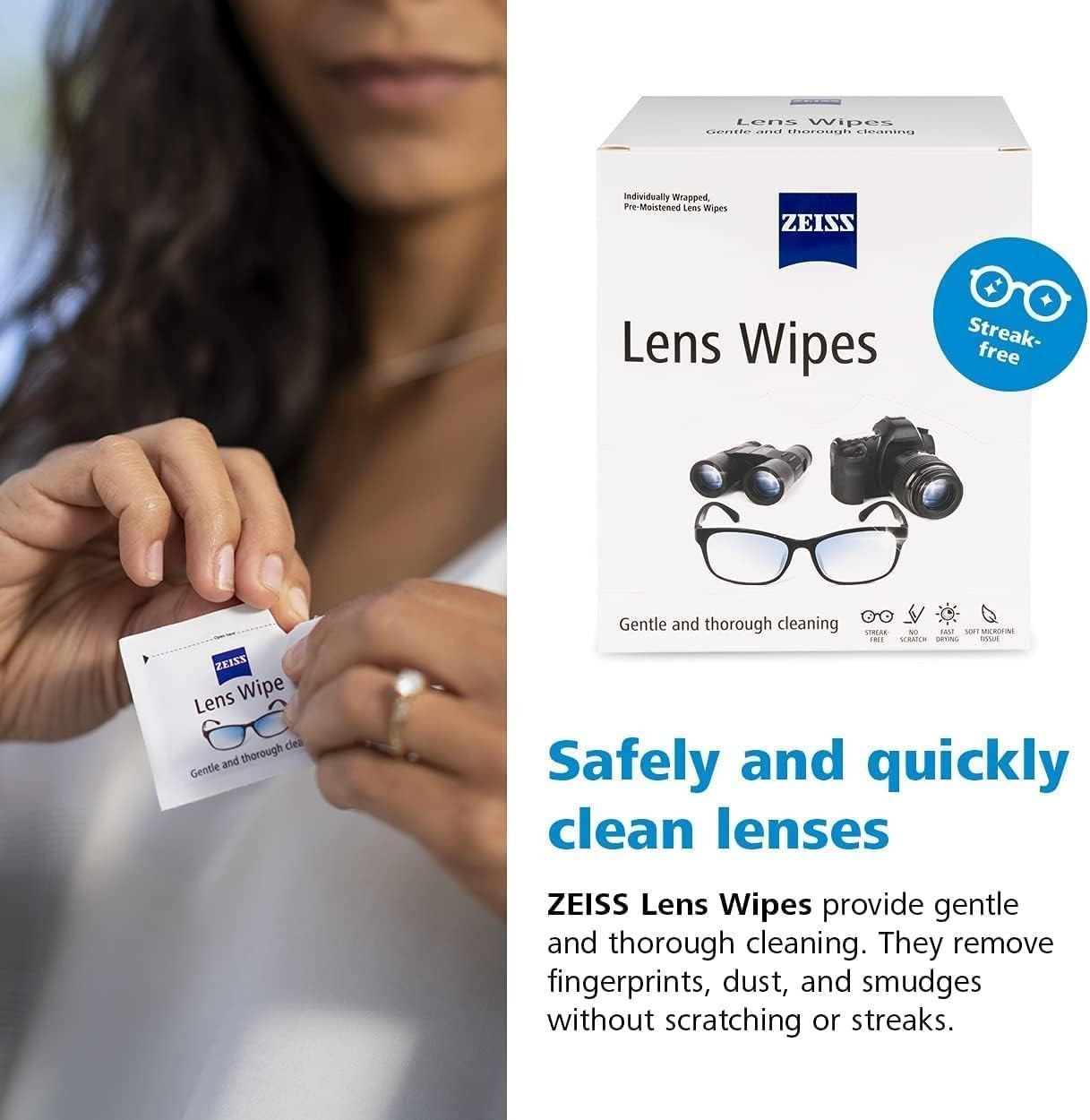 ZEISS Lens Cleaning Wipes 250 Pack Streak Free Pre Moistened Individually Wrap