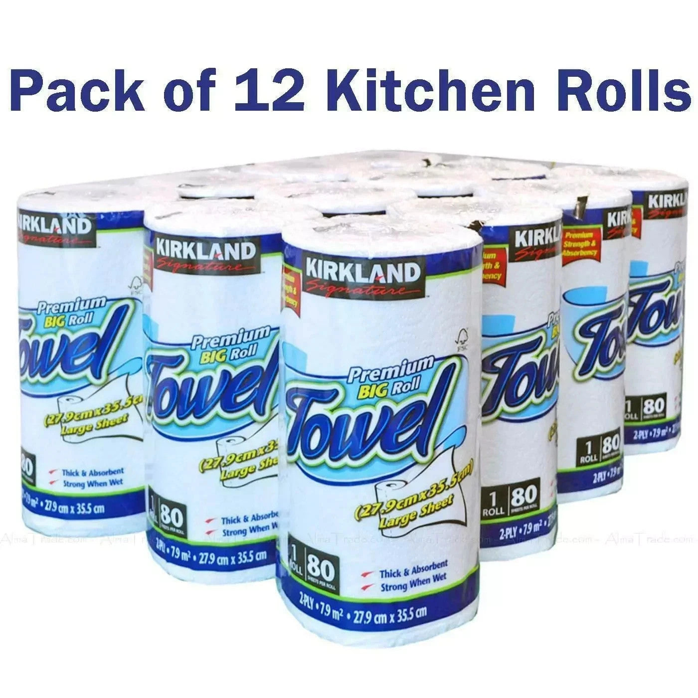 Kirkland Kitchen Towel 12 Premium Thick Absorbent Rolls – 2-Ply 80 Sheets Each