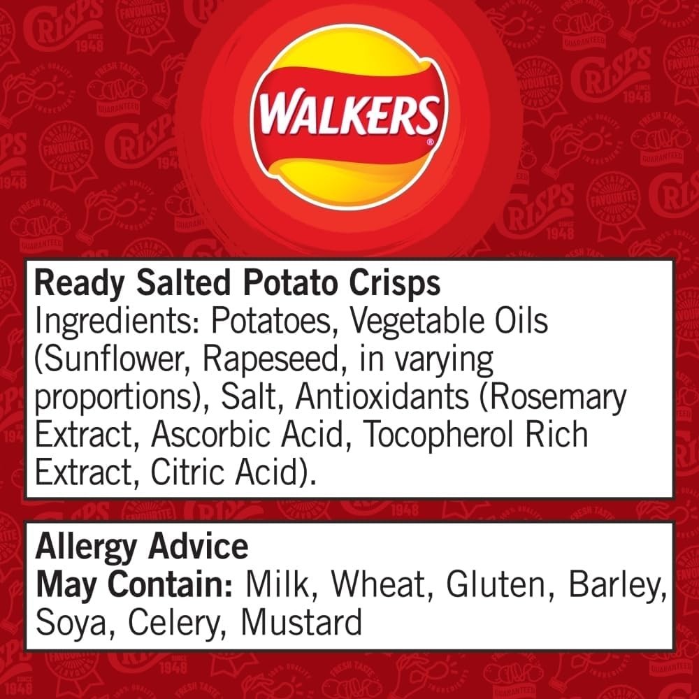 Walkers Ready Salted Crisps 32.5g x 32 Pack Full Case British Classic Snack