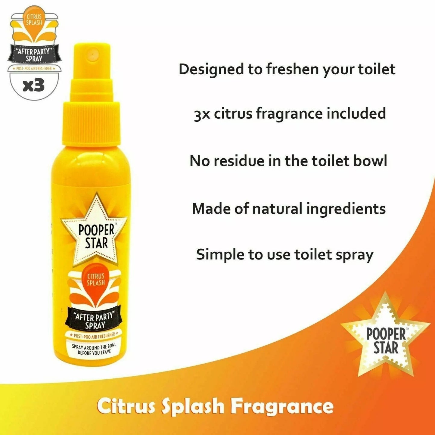 Pooper Star Toilet Spray 60ml Air Freshener Citrus or Fruity Flush Odour Remover