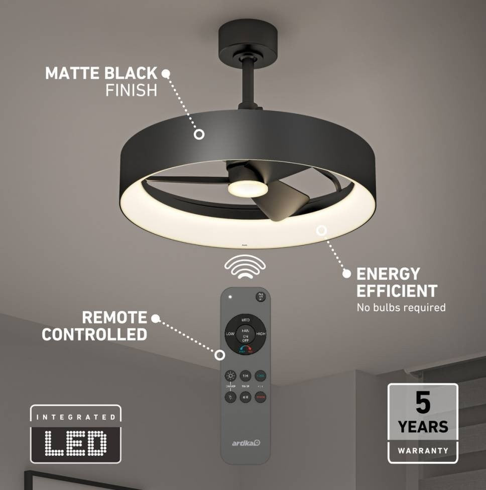 Artika Austin Black Ceiling Fan LED Remote Control Light Modern Silent Fandelier