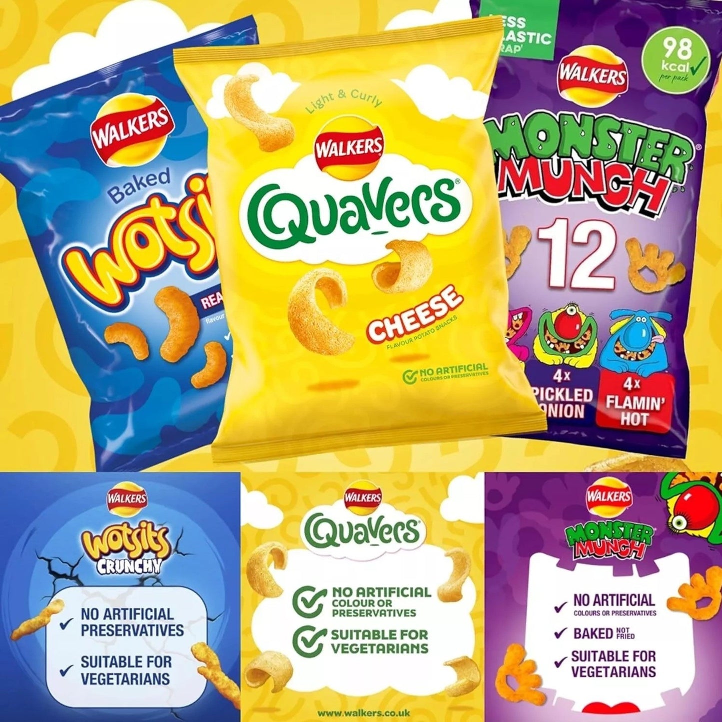 Walkers Wotsits Quavers Monster Munch Variety Crisps Snack Box Pack of 60 Mix UK