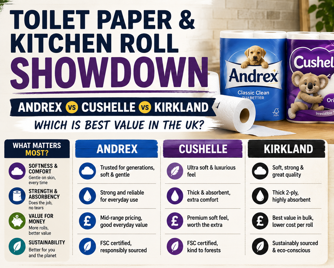 Toilet Paper & Kitchen Roll Showdown: Andrex vs Cushelle vs Kirkland — Which Is Best Value in the UK?