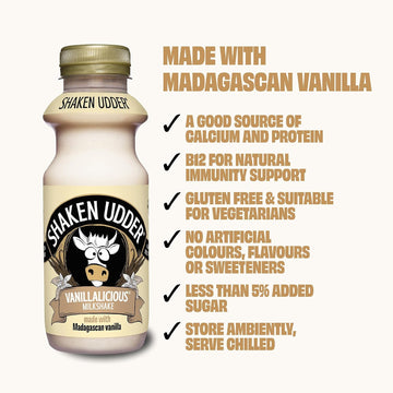 Shaken Udder Vanilla Milkshake,8 x 330ml,Made with Madagascan Vanilla,High in Calcium & Protein,Less Than 5% Added Sugar,Vegetarian & Gluten-Free