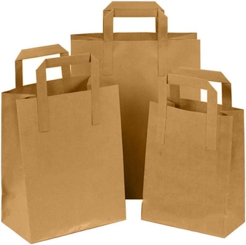 Kraft Brown Paper Carrier Bags Takeaway Food Flat Handle Party Gift Bag UK ECO