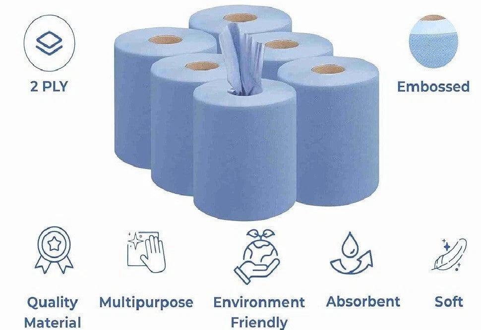 Blue Rolls 6 Pack Centrefeed 2 Ply Embossed Blue Paper Rolls 185mm x 130M Rolls