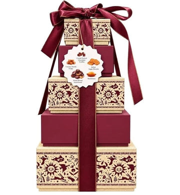 Christmas Sweet Tower Gift Set 1.6kg Luxury Stacked Boxes Red Ribbon Food Hamper