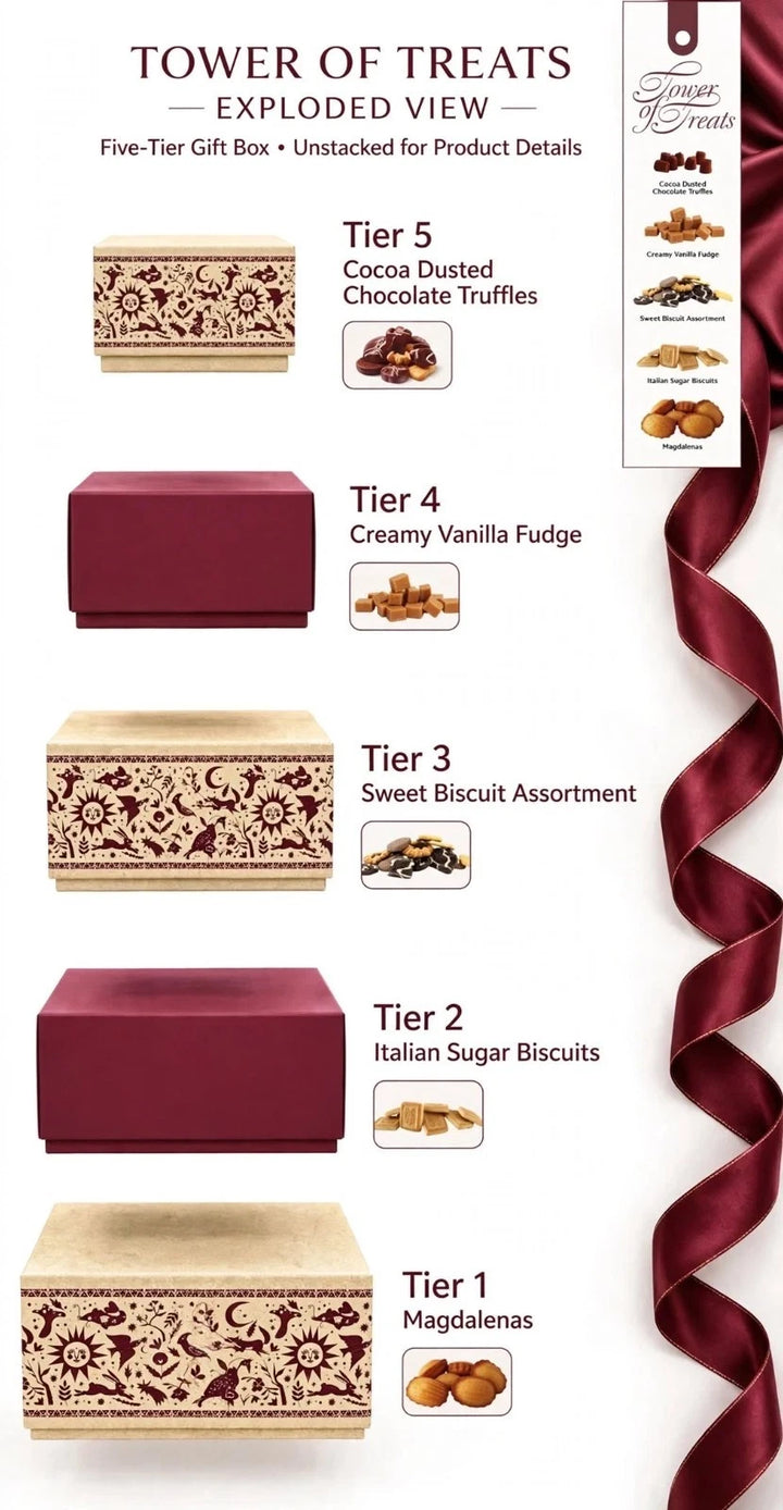 Christmas Sweet Tower Gift Set 1.6kg Luxury Stacked Boxes Red Ribbon Food Hamper