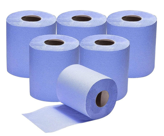 Blue Rolls 6 Pack Centrefeed 2 Ply Embossed Blue Paper Rolls 185mm x 130M Rolls