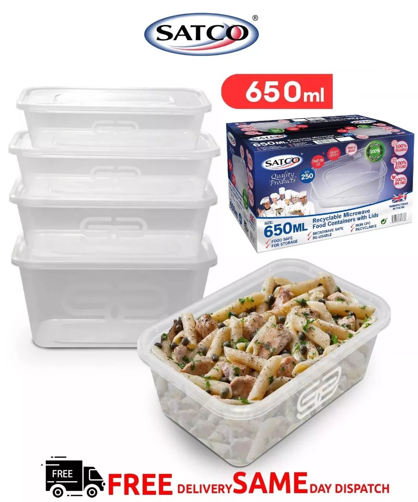 SATCO Clear Plastic Food Containers With Lids 650 ml Reusable 250 Pack Microwave