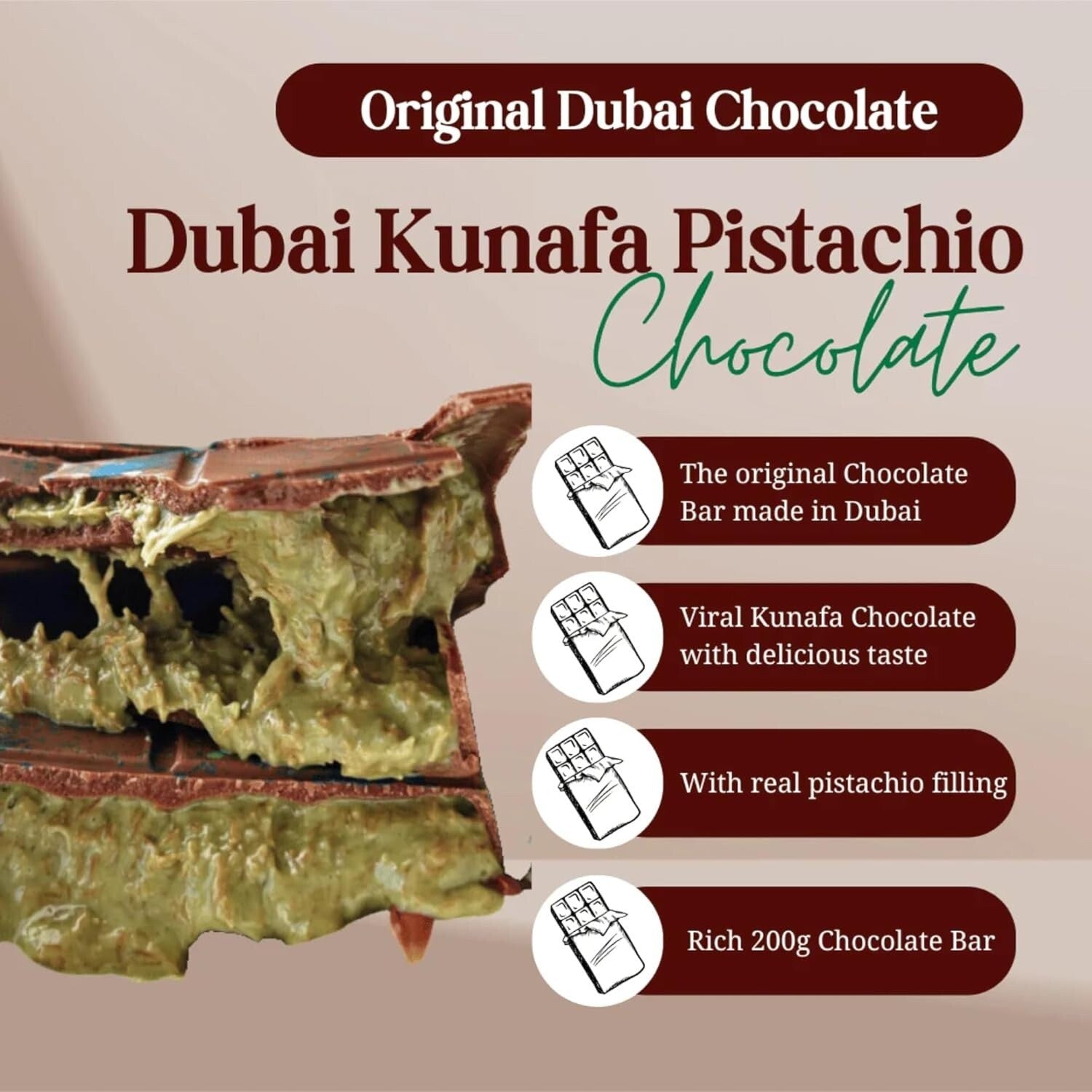 Viral Dubai Kunafa Pistachio Chocolate Delicious Snacks Halal Dessert Bar 2x200g