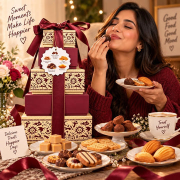 Christmas Sweet Tower Gift Set 1.6kg Luxury Stacked Boxes Red Ribbon Food Hamper