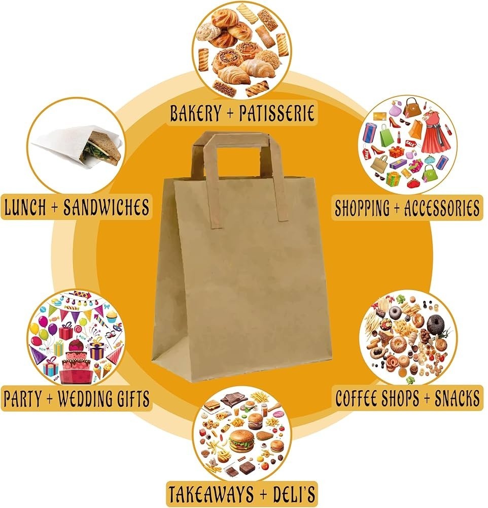 Kraft Brown Paper Carrier Bags Takeaway Food Flat Handle Party Gift Bag UK ECO