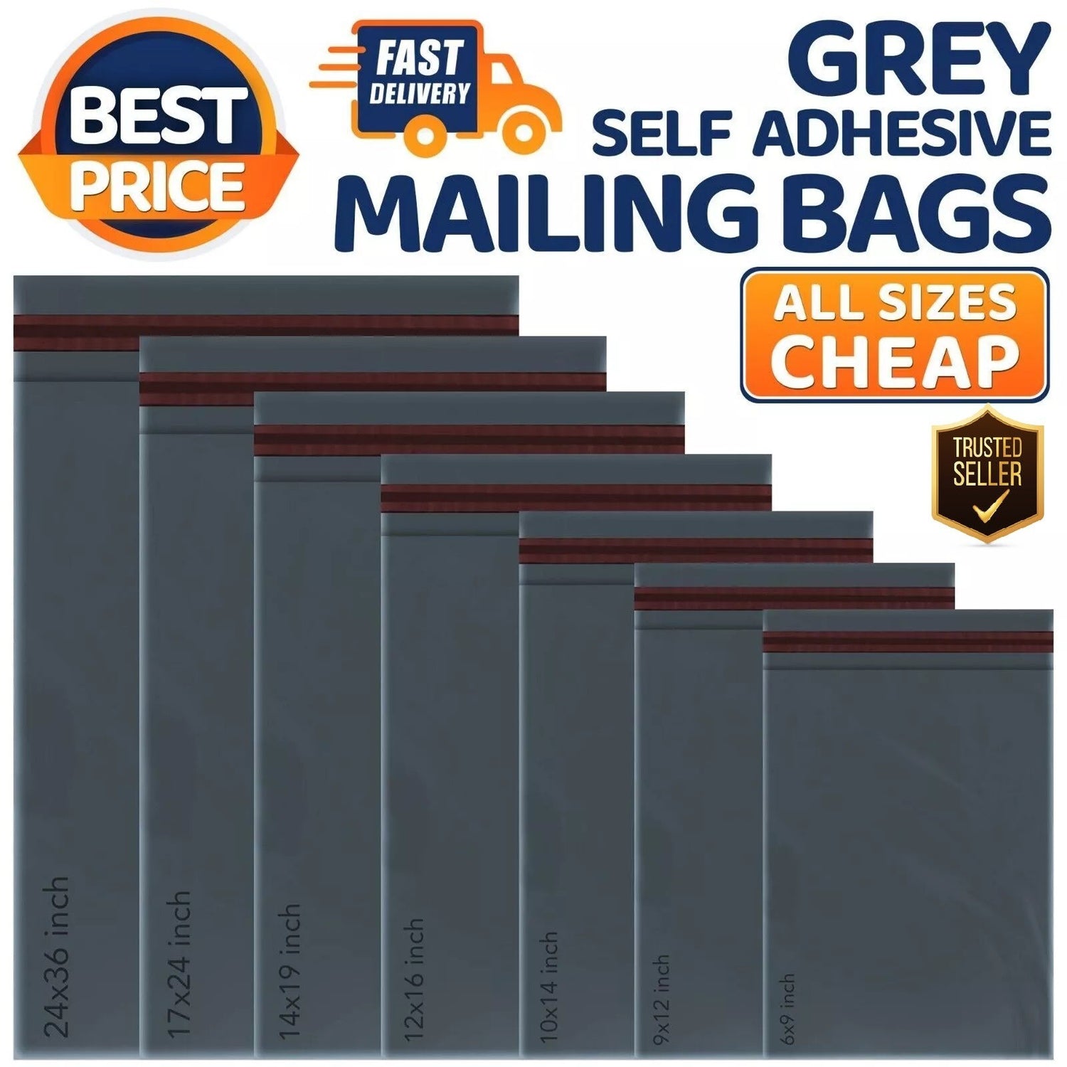 Grey Strong Mailing Postal Bags Self Seal All Sizes Fast UK Delivery Packaging