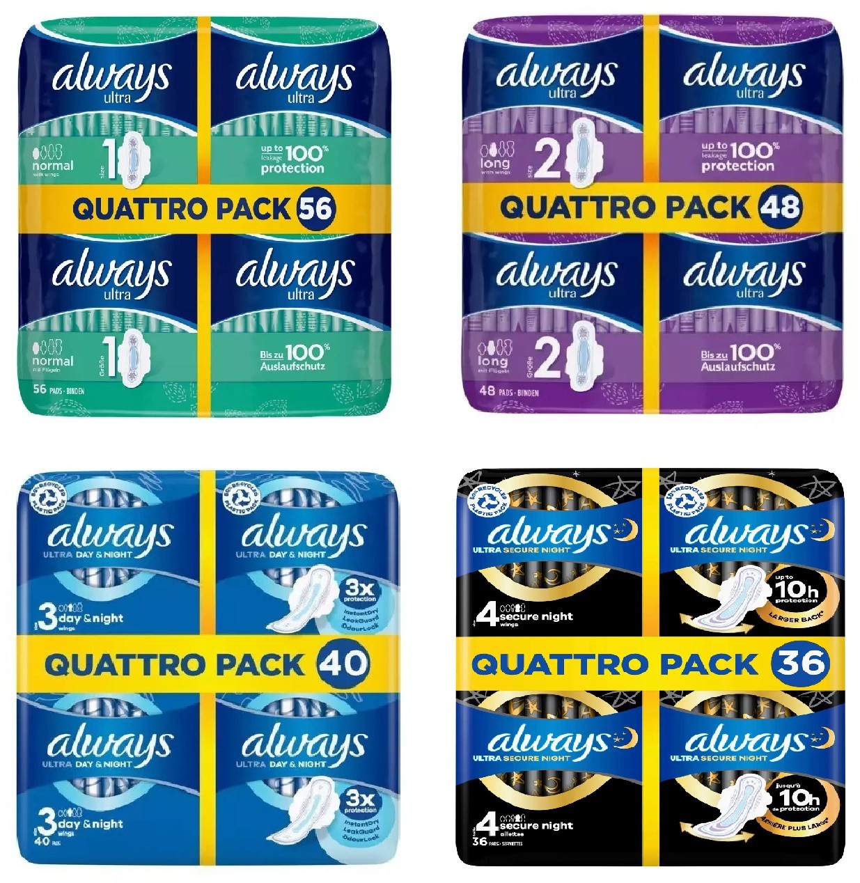 Always Ultra Night Long  Normal Sanitary Towels Pads With Wings 36 40 48 56 Pack