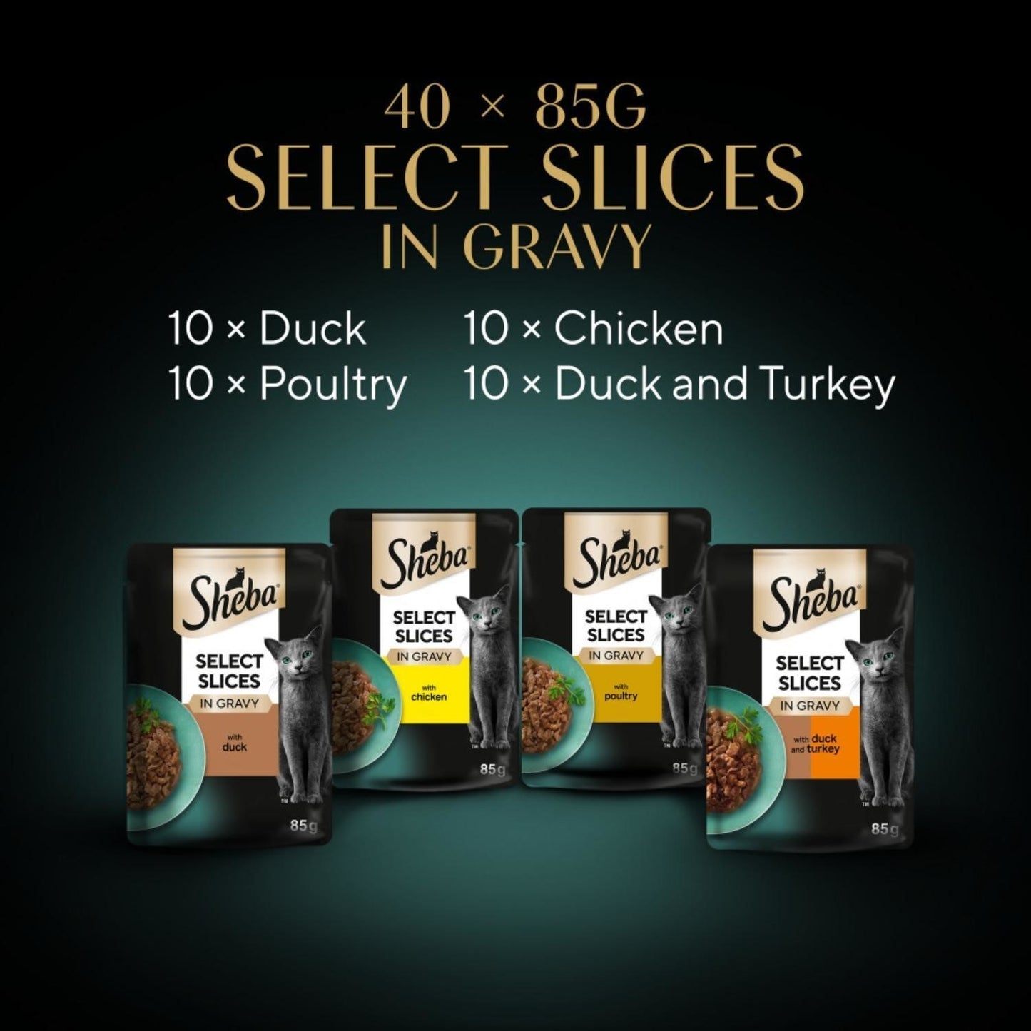40 x 85g Sheba Select Slices Adult Wet Cat Food Pouches Mixed Poultry in Gravy