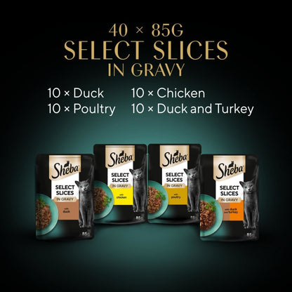 40 x 85g Sheba Select Slices Adult Wet Cat Food Pouches Mixed Poultry in Gravy