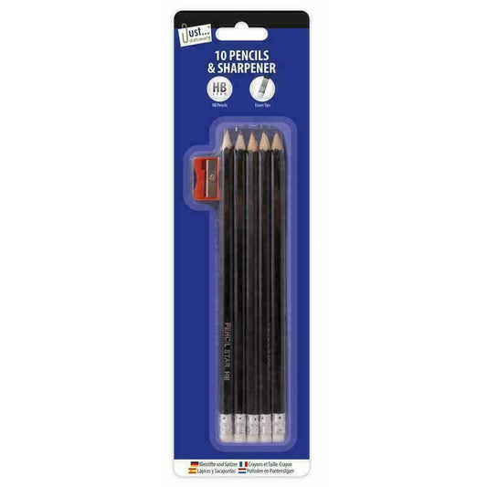 Just Stationery HB Lead Pencils & Sharpener Eraser Tip (Pack of 10 Pencils)