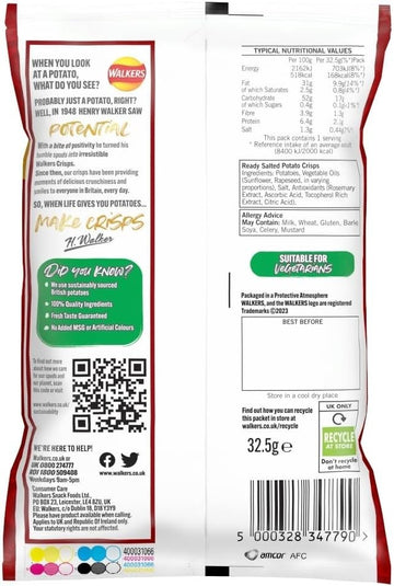 Walkers Ready Salted Crisps 32.5g x 32 Pack Full Case  British Classic Snack