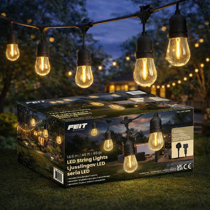 Feit 48ft (14.6m) Heavy Duty LED Waterproof String Lights Set With 26 Bulbs New