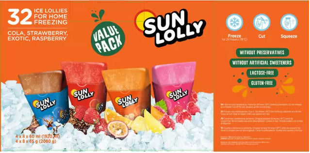 Sun Lolly Ice Lollies Cola, Strawberry, Exotic & Raspberry Flavours, 60ml 32Pack