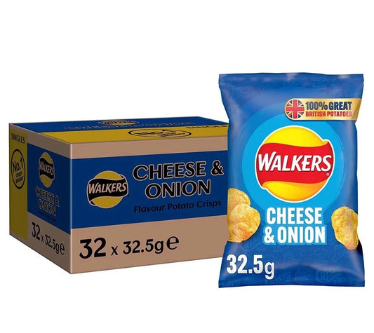 Walkers Cheese and Onion Crisps 32.5g x 32 Full Case of British Classic Snack
