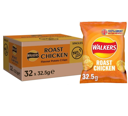 Walkers Roast Chicken Crisps 32 x 32.5g Multipack l Boxed Snack Bags l UK Made