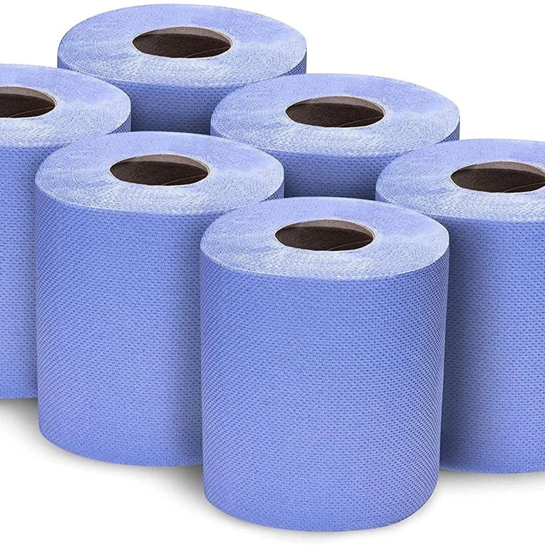 Blue Rolls 6 Pack Centrefeed 2 Ply Embossed Blue Paper Rolls 185mm x 130M Rolls