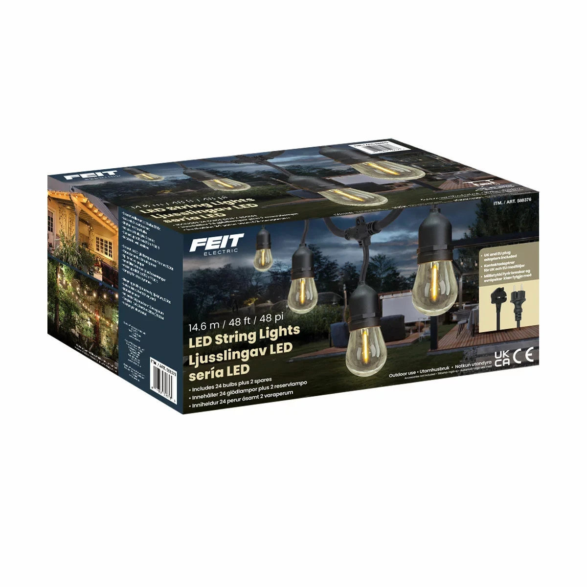 Feit 48ft (14.6m) Heavy Duty LED Waterproof String Lights Set With 26 Bulbs New