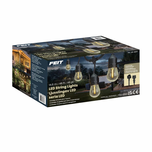 Feit 48ft (14.6m) Heavy Duty LED Waterproof String Lights Set With 26 Bulbs New