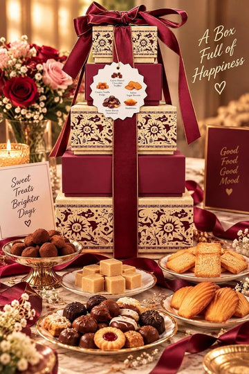 Christmas Sweet Tower Gift Set 1.6kg Luxury Stacked Boxes Red Ribbon Food Hamper