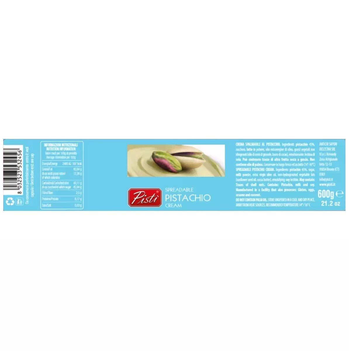 Pisti Sicilian Rich in fibre Vitamin E Pistachio Cream Spreadable Paste Jar 600g