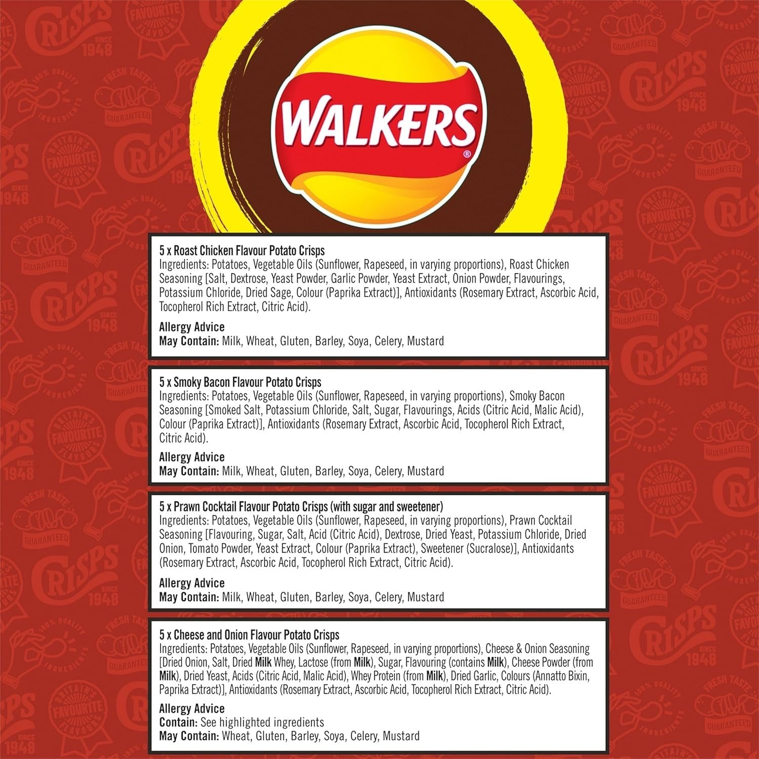 Walkers Meaty Variety Multipack Crisps Snack Box 20x25g Assorted Flavours