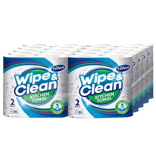 Velvet Wipe and Clean Kitchen Towel Thick Absorbent 75 Sheets Pack of 20 Rolls