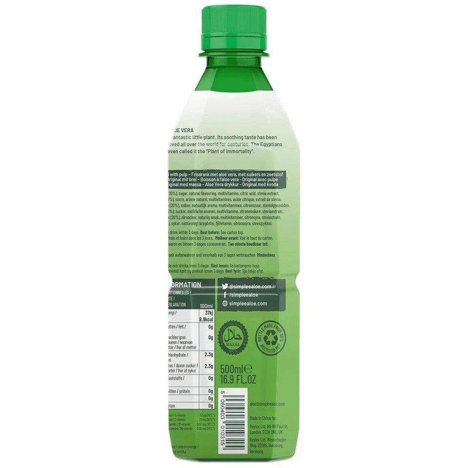 Simplee Aloe Vera Drink With Bits Low Sugar Multi Vitamin 12 x 500 ml Bottles UK
