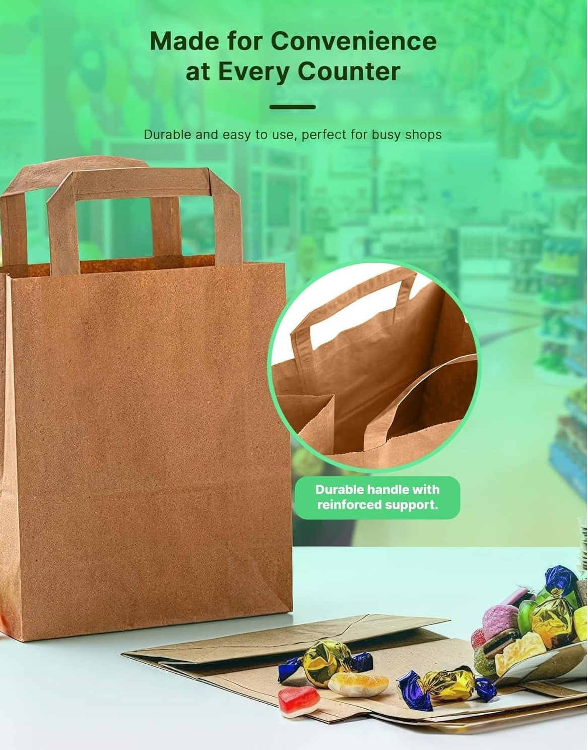 Kraft Brown Paper Carrier Bags Takeaway Food Flat Handle Party Gift Bag UK ECO