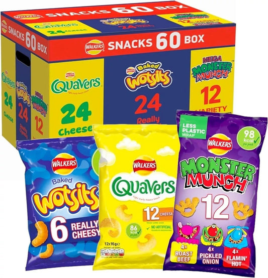 Walkers Wotsits Quavers Monster Munch Variety Crisps Snack Box Pack of 60 Mix UK