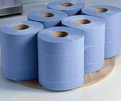 Blue Rolls 6 Pack Centrefeed 2 Ply Embossed Blue Paper Rolls 185mm x 130M Rolls