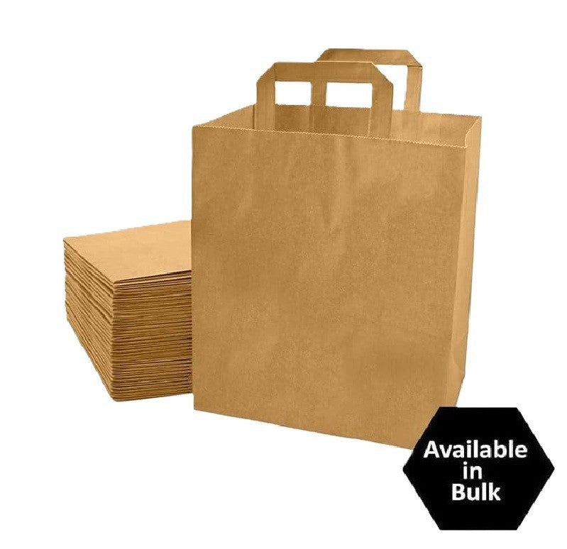 Kraft Brown Paper Carrier Bags Takeaway Food Flat Handle Party Gift Bag UK ECO