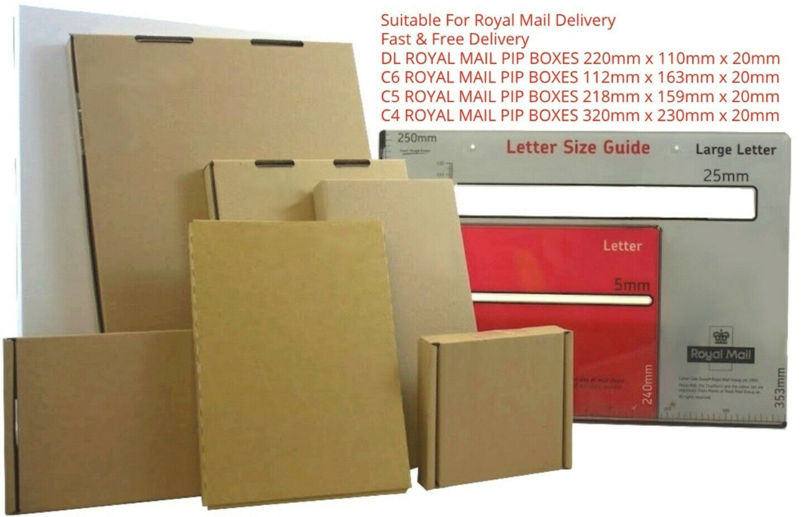 ROYAL MAIL PIP LARGE LETTER MAIL CARDBOARD POSTAL BOXES BROWN SIZE C4 C5 C6 DL