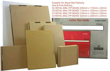 ROYAL MAIL PIP LARGE LETTER MAIL CARDBOARD POSTAL BOXES BROWN SIZE C4 C5 C6 DL