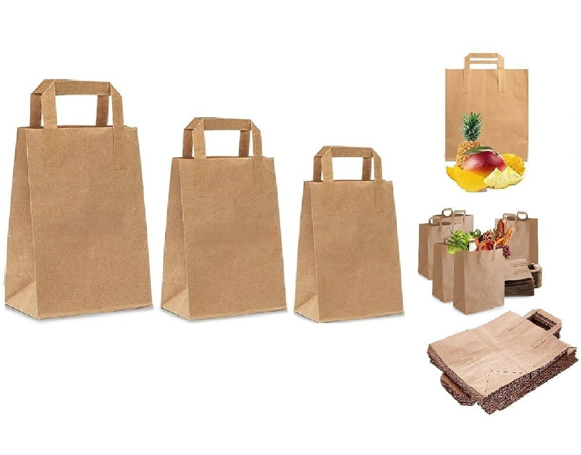 Kraft Brown Paper Carrier Bags Takeaway Food Flat Handle Party Gift Bag UK ECO