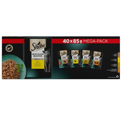 40 x 85g Sheba Select Slices Adult Wet Cat Food Pouches Mixed Poultry in Gravy