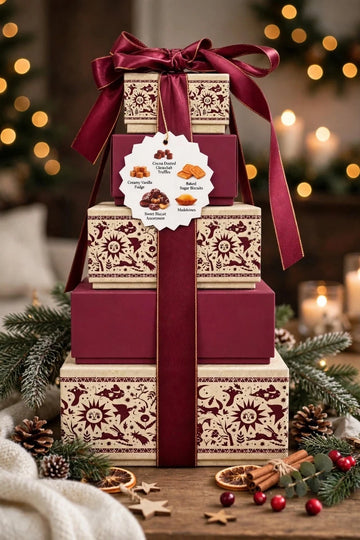 Christmas Sweet Tower Gift Set 1.6kg Luxury Stacked Boxes Red Ribbon Food Hamper