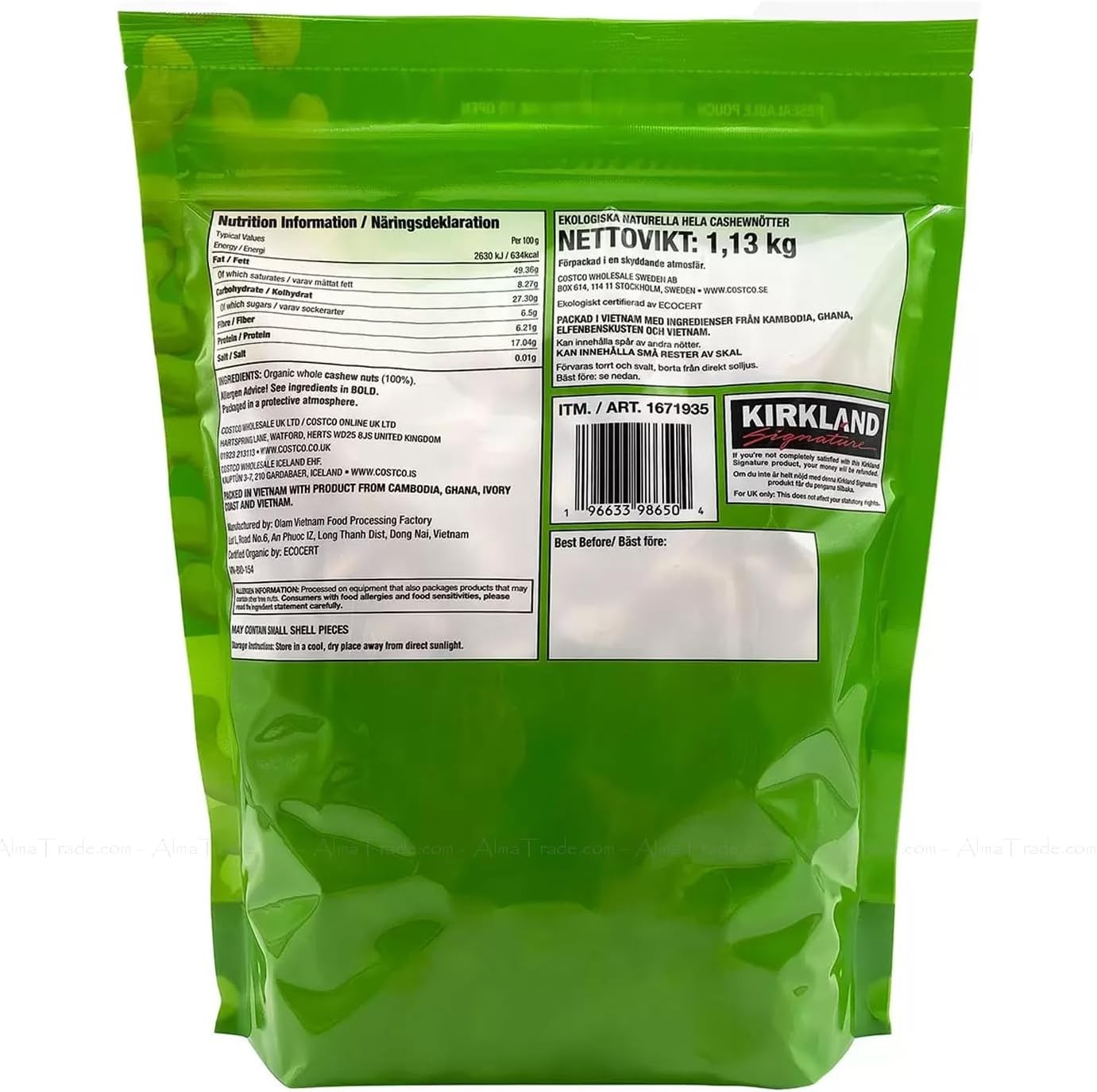 Kirkland Organic Cashews 1.13kg Unsalted Unroasted Whole Nuts Vegan Snack Bag