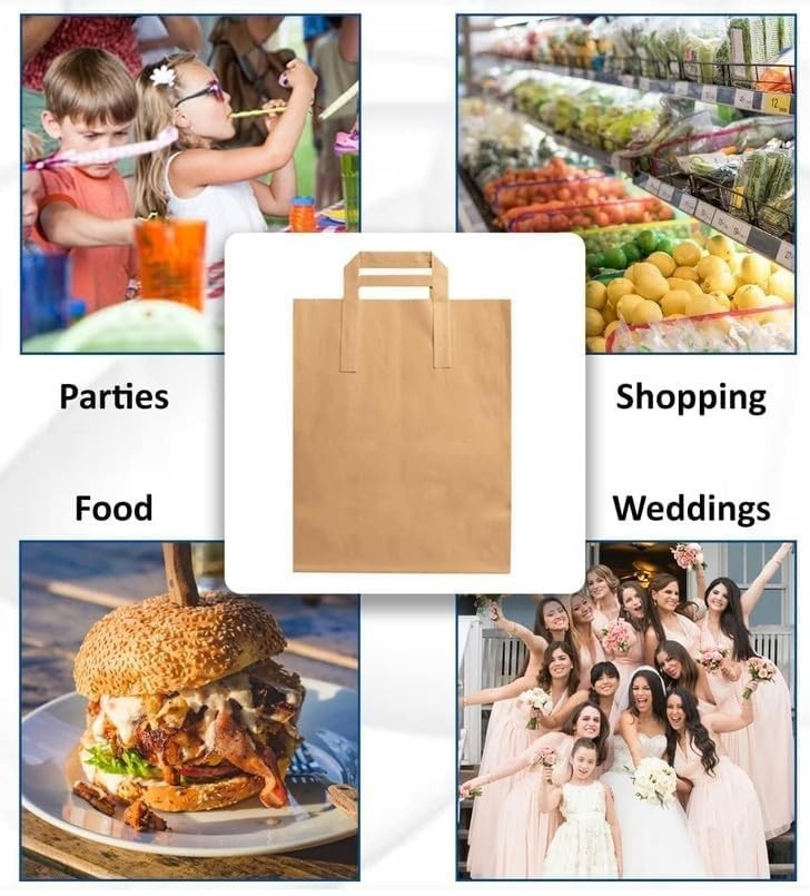 Kraft Brown Paper Carrier Bags Takeaway Food Flat Handle Party Gift Bag UK ECO