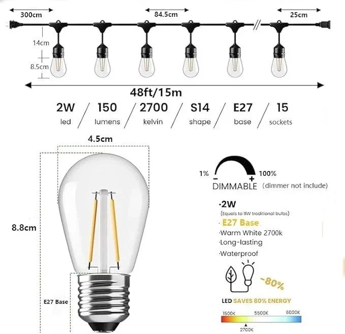 Feit 48ft (14.6m) Heavy Duty LED Waterproof String Lights Set With 26 Bulbs New